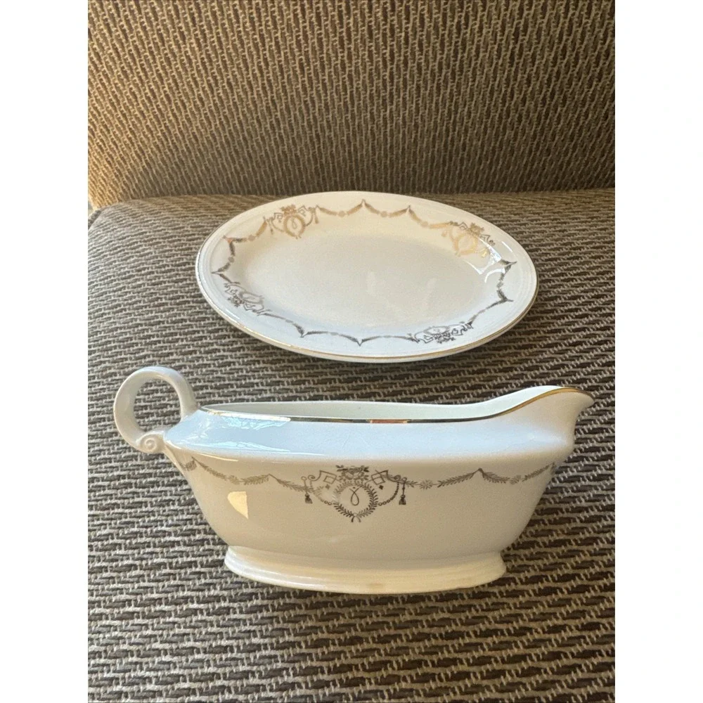 Edwin Knowles Gravy Boat & Plate Adams‎ Gold Swag Design Vintage 1940s